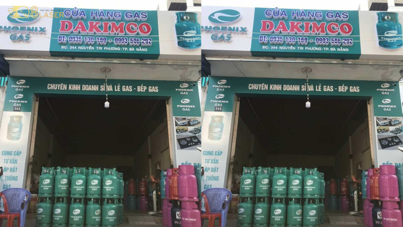 Bảng hiệu cửa hàng gas nổi bật ban đêm với hệ đèn cho bảng hiệu gas.