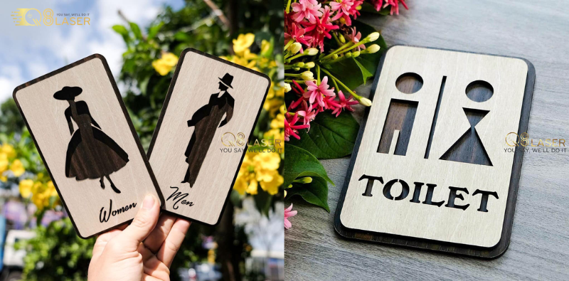 Biển nhà vệ sinh đẹp sử dụng biểu tượng WC nam nữ tối giản, sang trọng.