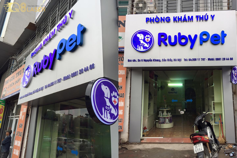 Biển quảng cáo thuốc thú y nổi bật ban ngày.