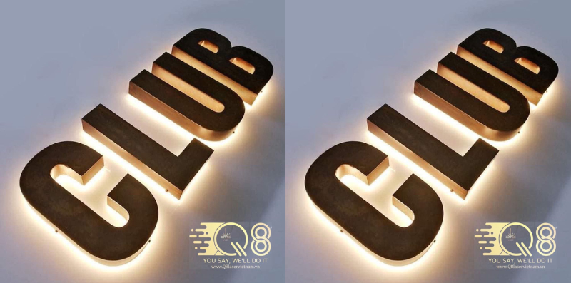 Mẫu bảng hiệu chữ inox vàng xước hắt sáng chân hiện đại, sang trọng